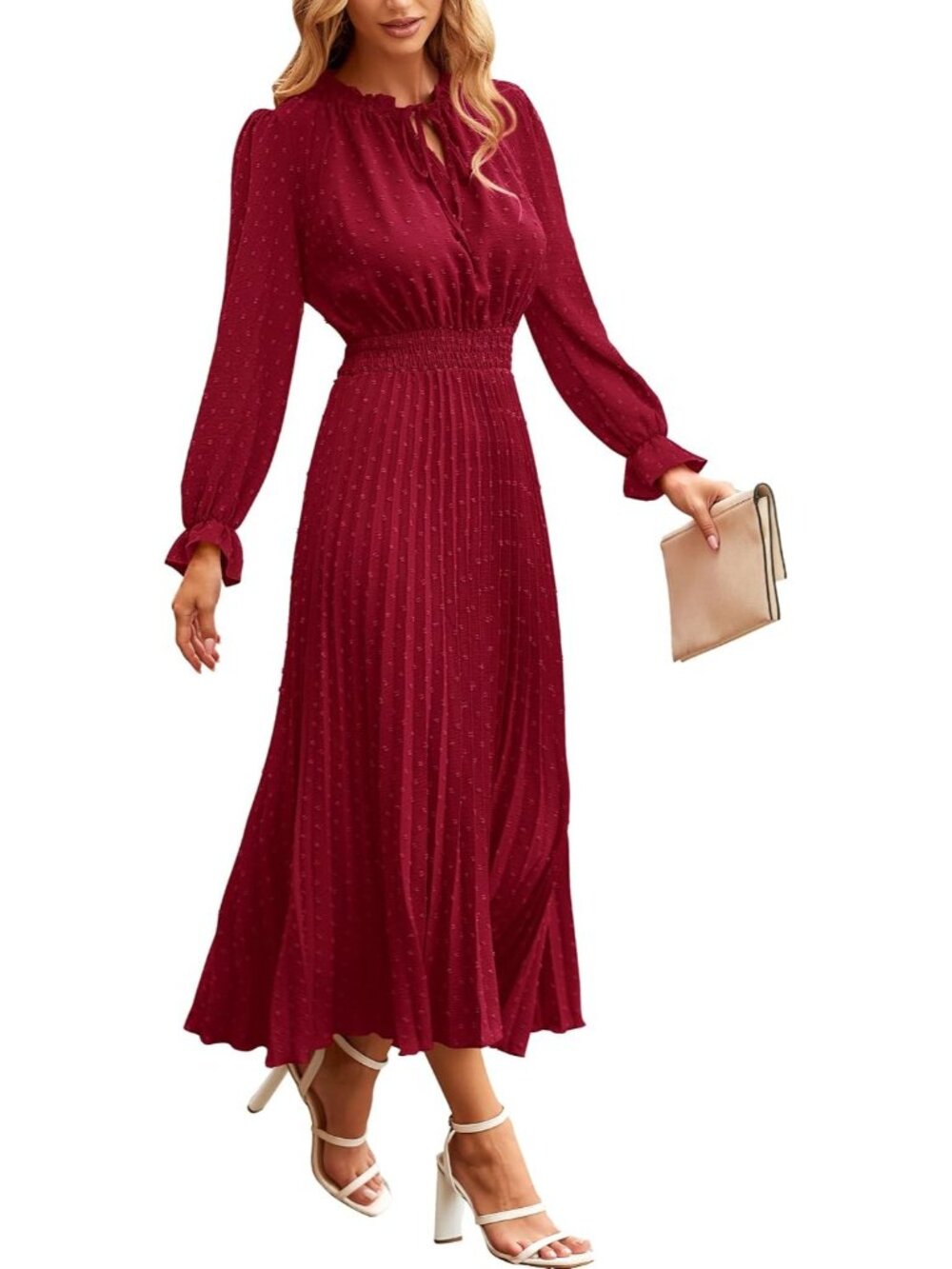 Women's Wine Red Fall Long Puff Sleeve V Neck Swiss Dot Wedding Midi Dresses